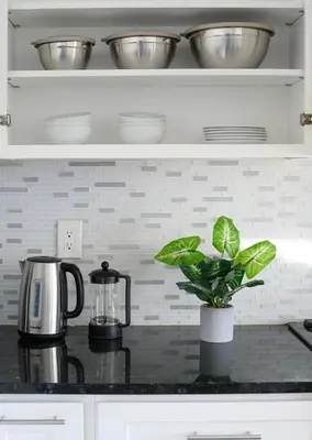 a kitchen counter with a coffee pot and a plant at 20 min to NYC, Newly Renovated, Private Driveway in Little Ferry