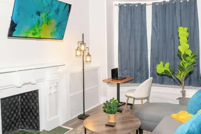 a living room with a couch and a fireplace at Downtown Studio Very Cozy in Albany