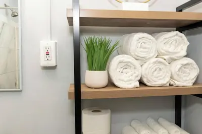 a shelf with towels and a plant in a bathroom at Downtown Studio Very Cozy in Albany