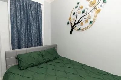 a bedroom with a green bed and a window at Downtown Studio Very Cozy in Albany