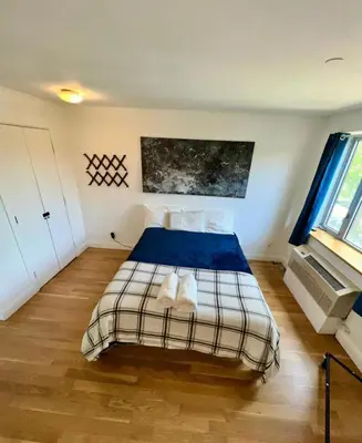 a bedroom with a bed with a blue and white blanket at 1 BEDROOM WITH SLEEPING IN LIVING ROOM Williamburg in Brooklyn