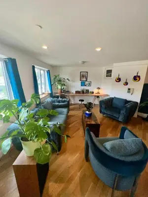 a living room with blue couches and plants at 1 BEDROOM WITH SLEEPING IN LIVING ROOM Williamburg in Brooklyn