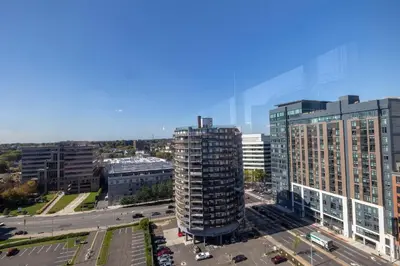 an aerial view of a city with tall buildings at Chic Stamford Apartment - Walk to Train & Entertainment in Stamford