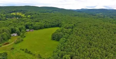 an aerial view of a green field in the middle of a forest at Elegant 7BR Estate with Pool & Hot Tub in Berkshires in North Egremont