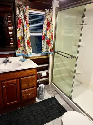 a bathroom with a shower and a sink at Stony Creek Lodge in East Stroudsburg