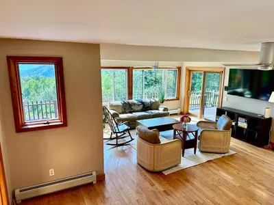 a living room filled with furniture and a flat screen tv at Charlemont Chalet - A 15 Acre Private Retreat in Charlemont