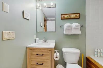 a bathroom with a toilet and a sink and a mirror at Timber Creek #100 in Dover