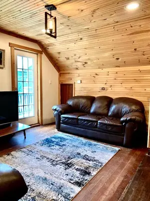 a leather couch in a living room with wooden walls at The Mountain House in Lanesville