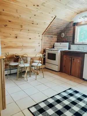 a kitchen with a stove and a table and chairs at The Mountain House in Lanesville