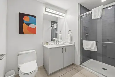 a white bathroom with a toilet and a shower at Luxury Modern Apartment Near Stamford Station in Stamford