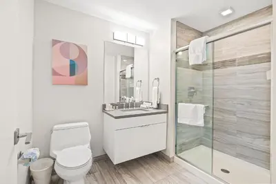 a white bathroom with a toilet and a shower at Luxury Urban Escape Walk to Downtown in Stamford