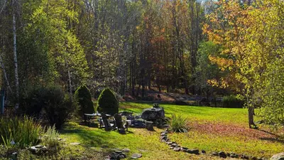 a garden with a tractor sitting in the grass at Discounted Winter Rates Ski Retreat Hot Tub Fire Pit Windham Mountain House in Windham
