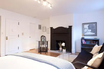 a living room with a bed and a fireplace at Historic Striver's Row Apartment in New York