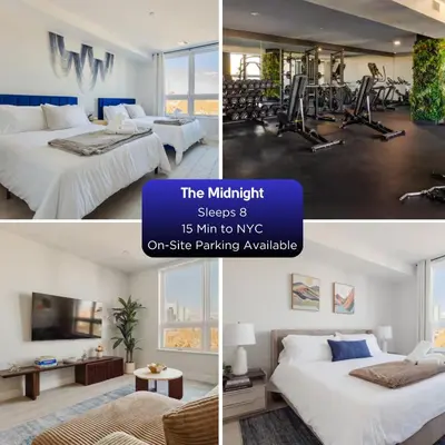 a collage of three pictures of a hotel room with two beds at Sleek Loft 15 Min from NYC with Manhattan View in Jersey City