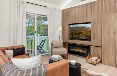 a living room with a couch and a fireplace at Pond House at Carter Bridge Estate in Freehold