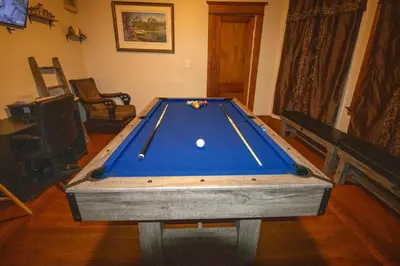 a pool table in the middle of a living room at Cozy Apartment in Artsy Westville New Haven in New Haven