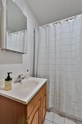 a bathroom with a sink and a shower curtain at Group Getaway 1 Mile From Hunter Mtn with Fire Pit in Hunter
