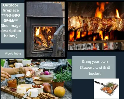 a collage of pictures with food and a fireplace at Catskill and Chill in Catskill