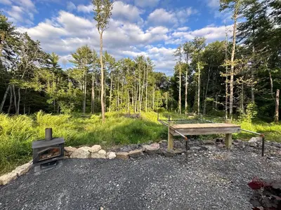 a picnic table and a wood stove in a field at Catskill and Chill in Catskill