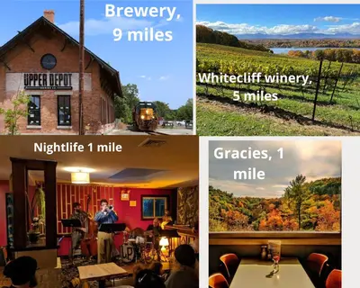 a collage of four pictures of a house and a train at Catskill and Chill in Catskill
