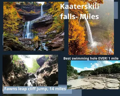 a collage of three pictures of a waterfall at Catskill and Chill in Catskill