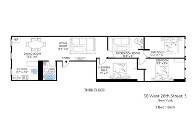 a floor plan of a house at Spacious 3BR Flex 4 with Washer & Dryer in NoMad in New York