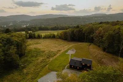 an aerial view of a house in the middle of a field at Onyx Ridge Breathtaking Views 14 Acres in Jeffersonville