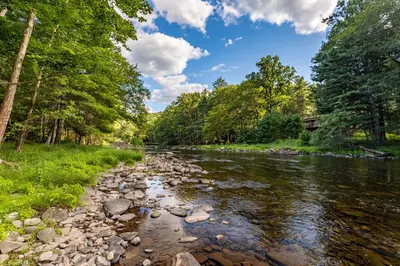 a river with rocks and trees on the side at Riverfront Retreat Hot Tub, Firepit & Pool Table in Cuddebackville