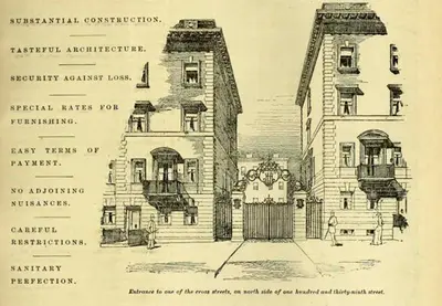 an old drawing of a house with two buildings at Modern Townhouse in Historic Harlem in New York