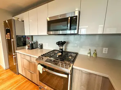 a kitchen with a stainless steel stove and a microwave at Penthouse in Greenpoint in Brooklyn