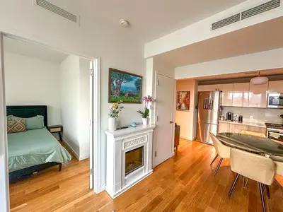 a living room with a bed and a fireplace at Penthouse in Greenpoint in Brooklyn