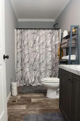 a bathroom with a shower curtain and a toilet at Oneonta Hideaway in Oneonta