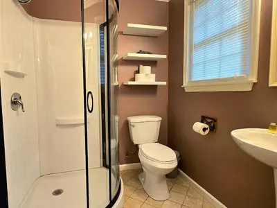 a bathroom with a shower and a toilet and a sink at Spacious 4BR Retreat Yard, BBQ & Prime Location in Clifton Park