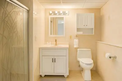 a bathroom with a toilet and a sink and a shower at Best house in town in Latham