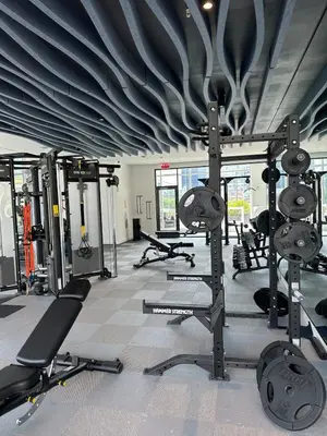 a gym with several treadmills and weights at Bright, Modern Studio in White Plans in White Plains