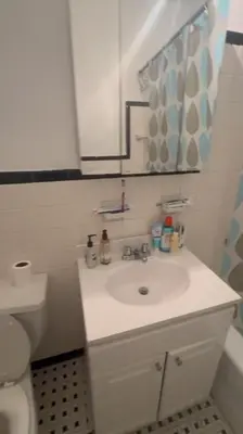 a bathroom with a white sink and a toilet at Holiday Glow Apartments in Rego Park