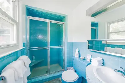 a blue bathroom with a shower and a toilet and a sink at Catskill gem! Four bedroom on 20 quiet acres in Barryville