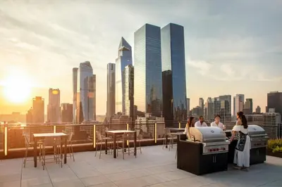 a view of a city skyline from a building at Blueground Chelsea rooftop pool nr The Vessel NYC-2147 in New York