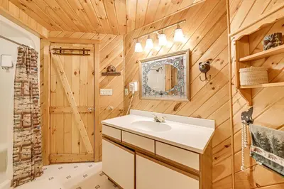 a bathroom with a sink and a wooden wall at On-Site Pond and Trails Lake Luzerne Cabin in Lake Luzerne