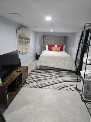 a bedroom with a large bed and a large rug at Cozy Home 422 South 16th street in Newark
