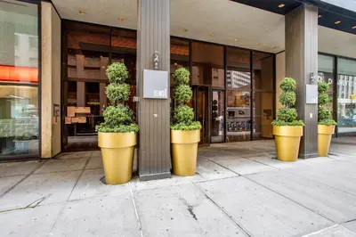 four large pots with plants in them in front of a building at FiDi Studio w Work Setup by Anyplace - 10254 in New York
