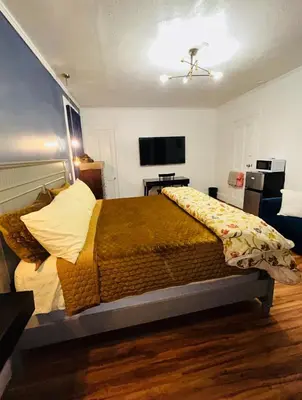 a bedroom with a large bed and a television at Big Mama's House in Paterson