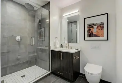 a bathroom with a shower and a toilet and a sink at Charming Brooklyn Flat in Brooklyn