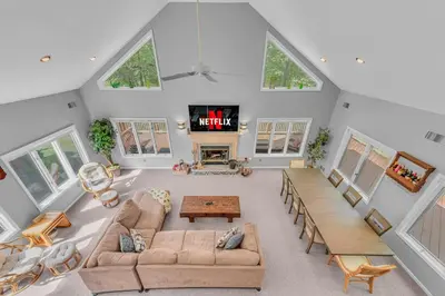 an overhead view of a living room with a fireplace at Large Family Friendly House on the Fairway Hideout in Lakeville