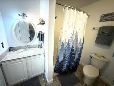 a bathroom with a sink and a shower curtain with trees at Mountain Getaway Suite Ski OnOff Jiminy Peak - Fully Redone Decor in Hancock
