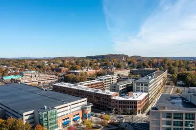 an aerial view of a city with buildings at Landing Stylish 1BD Gym Courtyard in New Haven