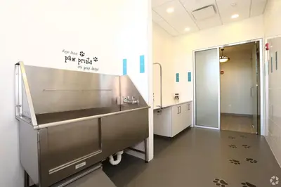 a large bathroom with a sink and a mirror at Landing Stylish 1BD Gym Courtyard in New Haven