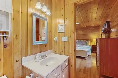a bathroom with a sink and a bed in a room at Chimney Hill Retreat in Wilmington