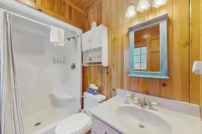 a bathroom with a toilet and a shower and a sink at Chimney Hill Retreat in Wilmington