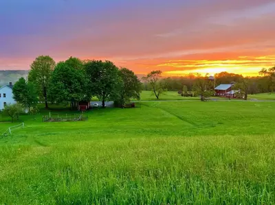 a field of grass with a sunset in the background at Gorgeous Hudson Valley Farmhouse on 14 Acres home in Old Chatham